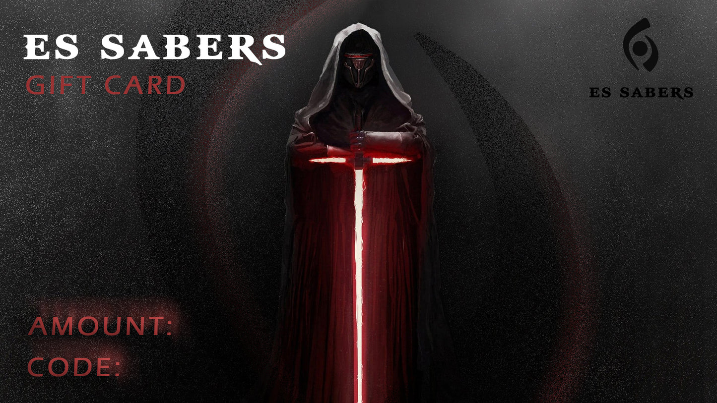 Gift card design with a hooded figure holding a glowing sword on a dark background, featuring the brand 'ES Sabers'.