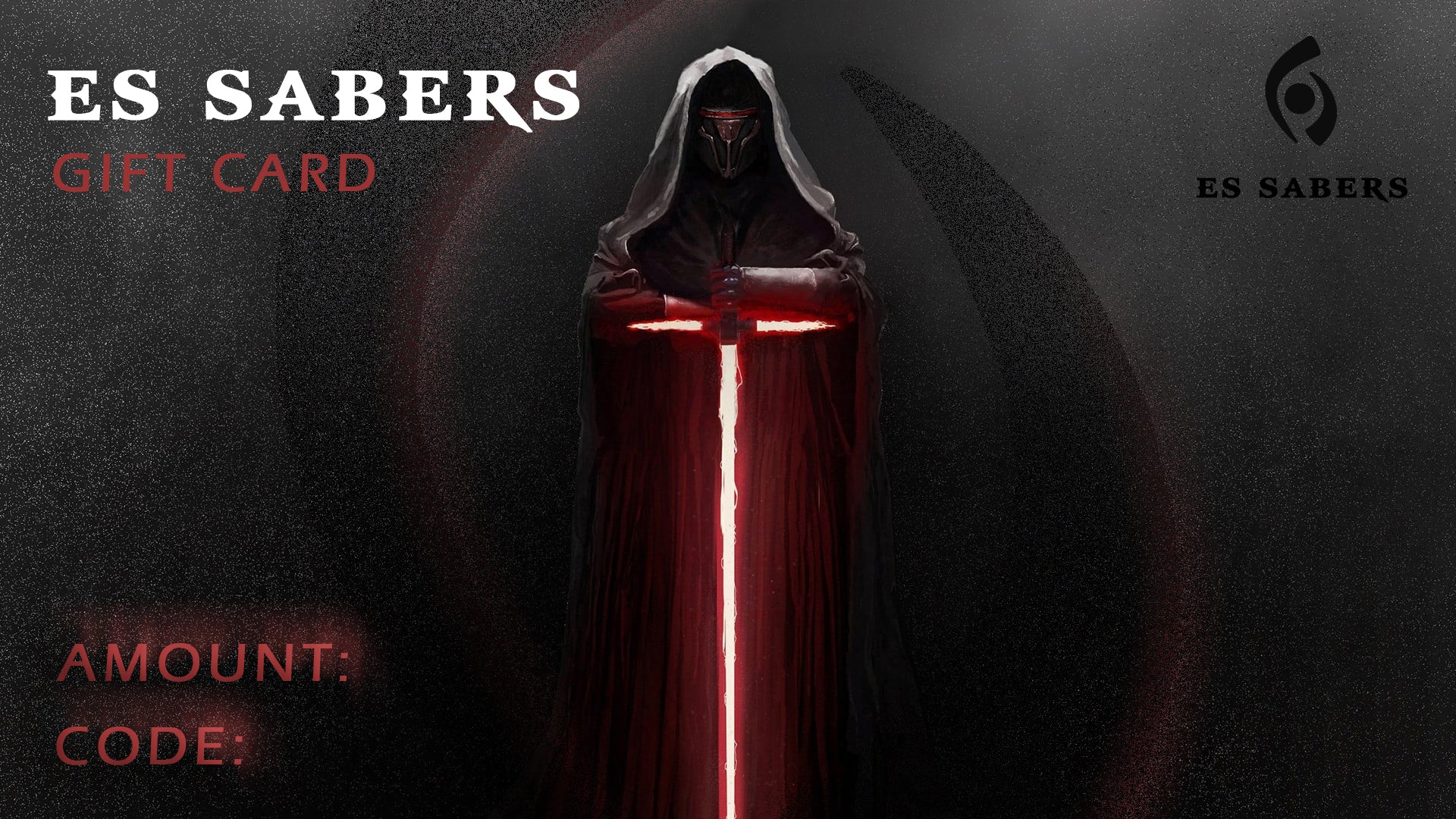 Gift card design with a hooded figure holding a glowing sword on a dark background, featuring the brand 'ES Sabers'.