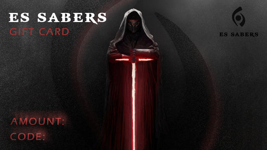 Gift card design with a hooded figure holding a glowing sword on a dark background, featuring the brand 'ES Sabers'.