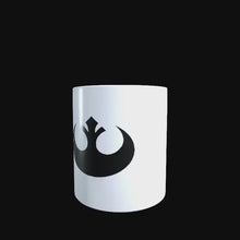 Load and play video in Gallery viewer, Rebel Alliance logo on a white ceramic mug
