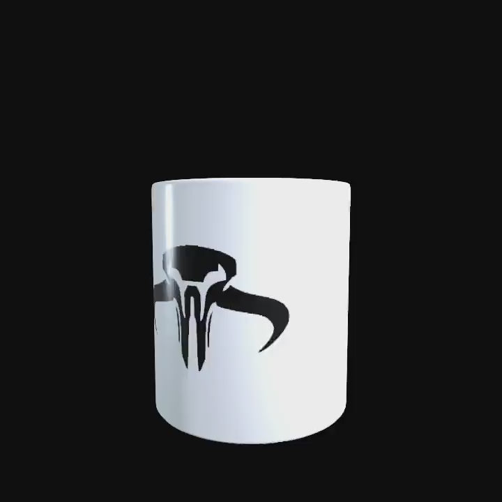 Mandalorian Great Galactic War logo on a white ceramic mug