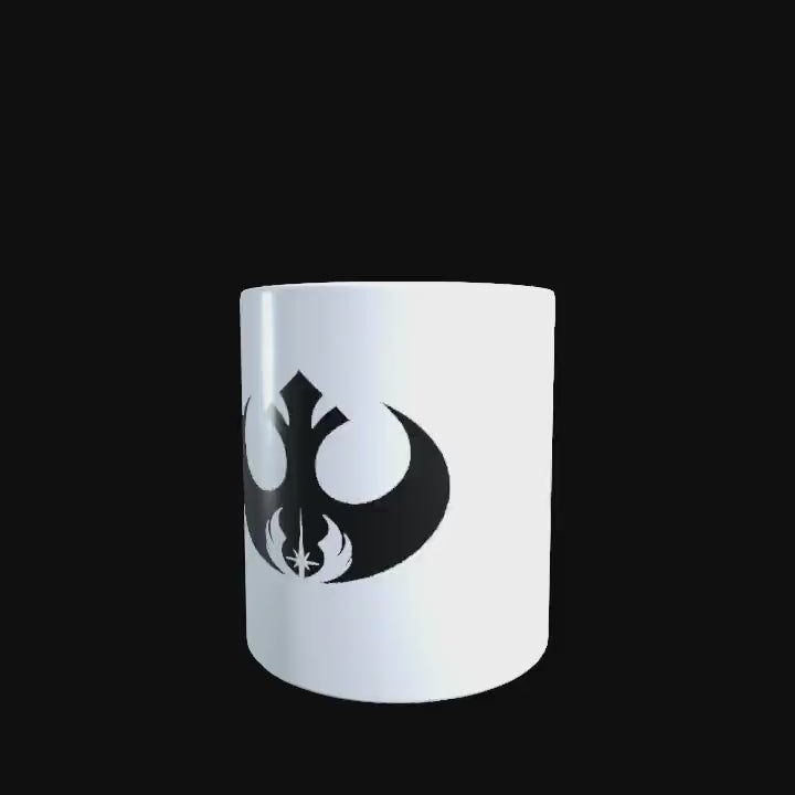Rebel and Jedi logo on a white ceramic mug